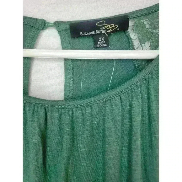 Suzanne Betro Top Womens Plus 2X Green Lace Blouse Bell Sleeve Keyhole Boho New - Picture 2 of 14